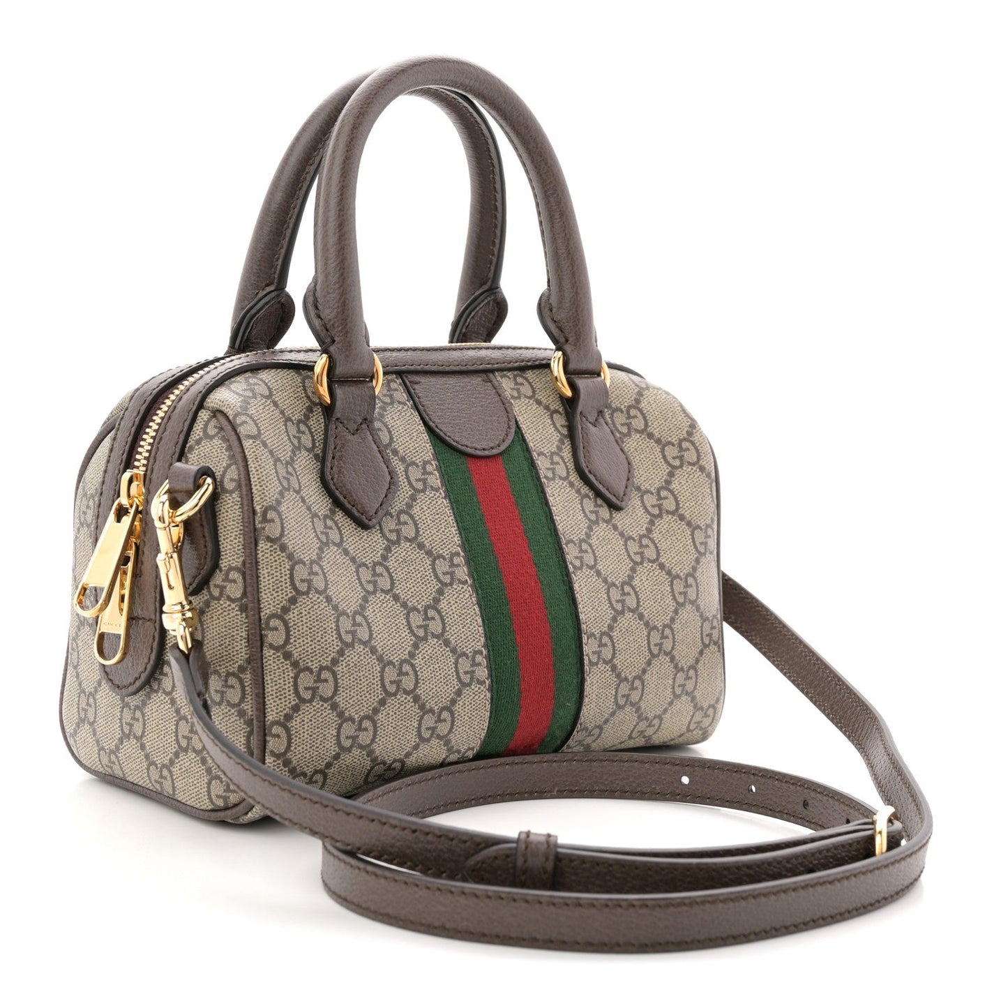 GG Supreme Monogram Textured Dollar Calfskin Web Mini Ophidia Top Handle Bag Beige Ebony New Acero