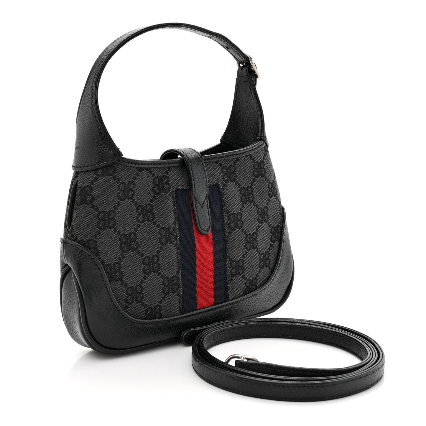 X BALENCIAGA BB Monogram Calfskin Web Mini Jackie 1961 Hobo Black