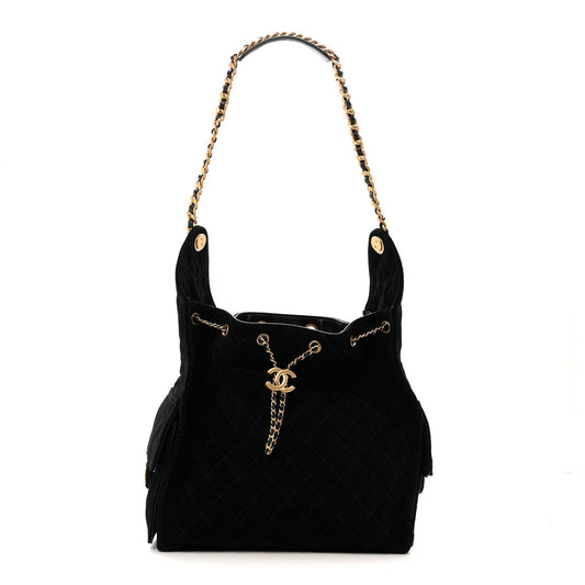 Suede Quilted Medium Chanel 25 Handbag Black