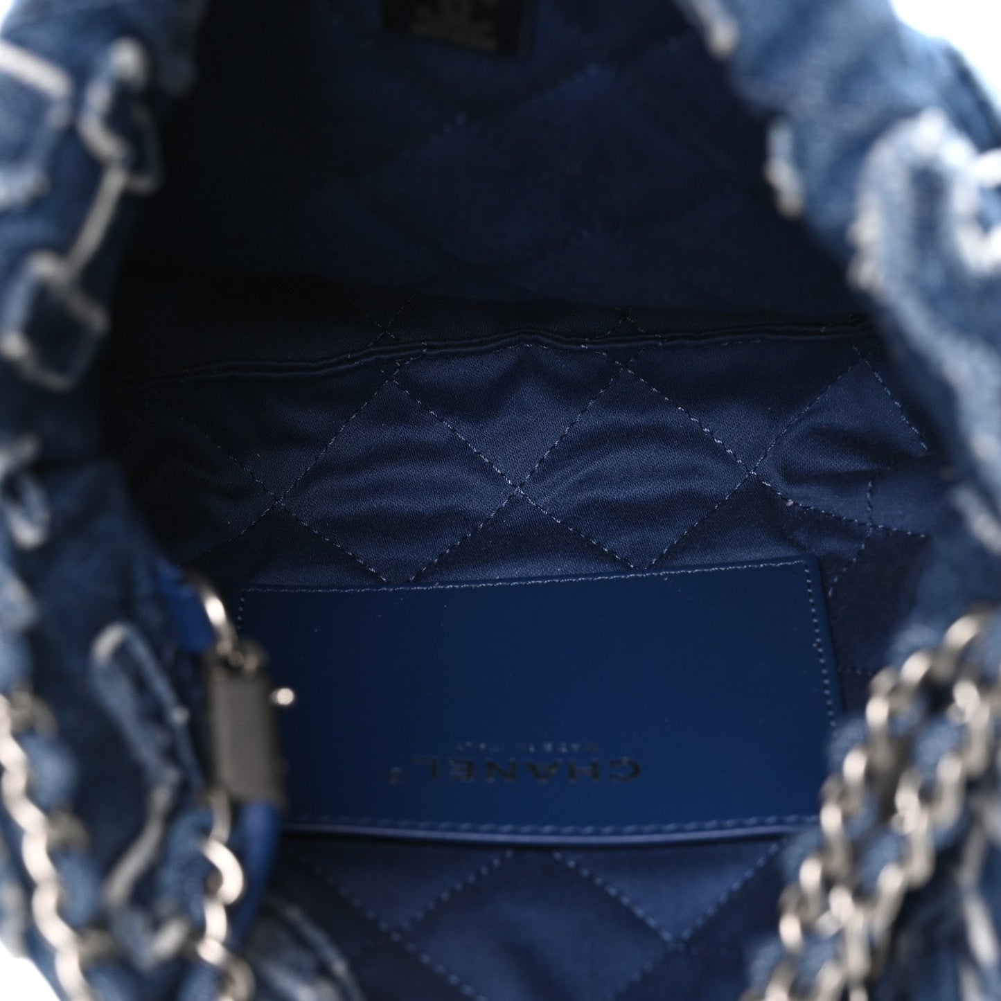 Washed Denim Logo Embroidered Mini Chanel 22 Blue