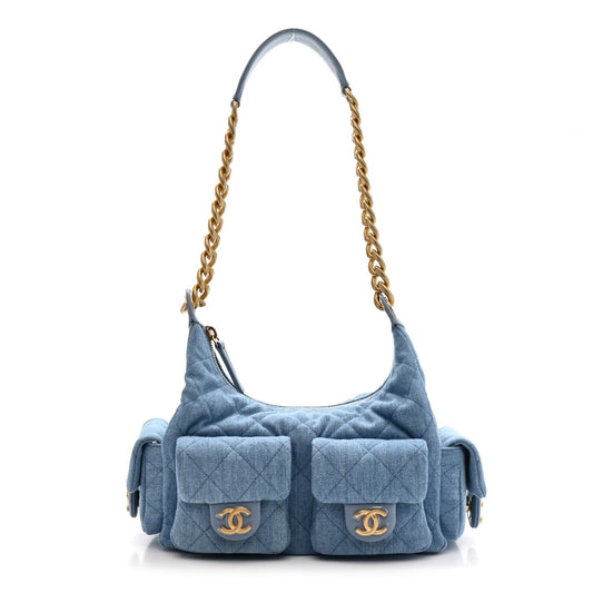 Washed Denim Quilted Large Trendy Pockets Hobo Blue