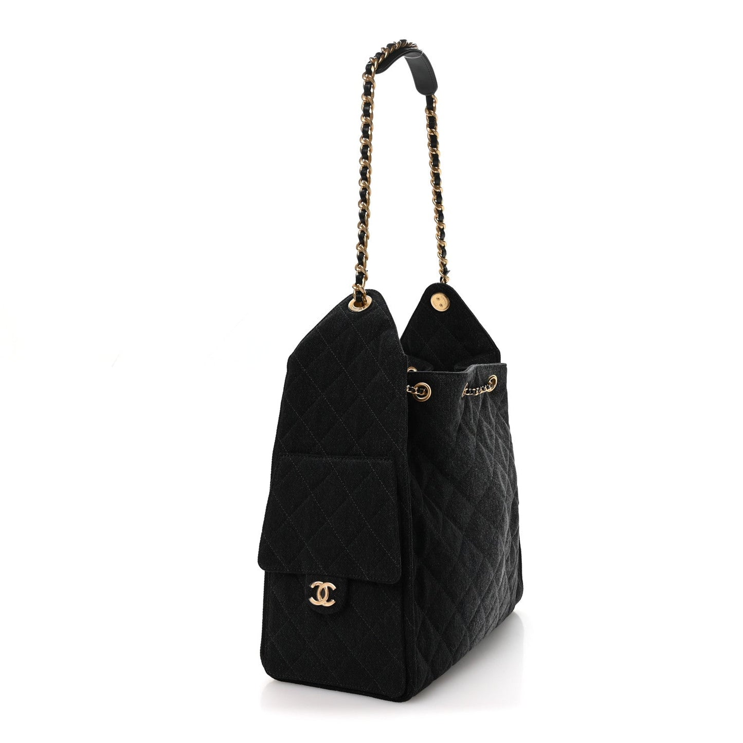 Washed Denim Quilted Medium Chanel 25 Handbag Black