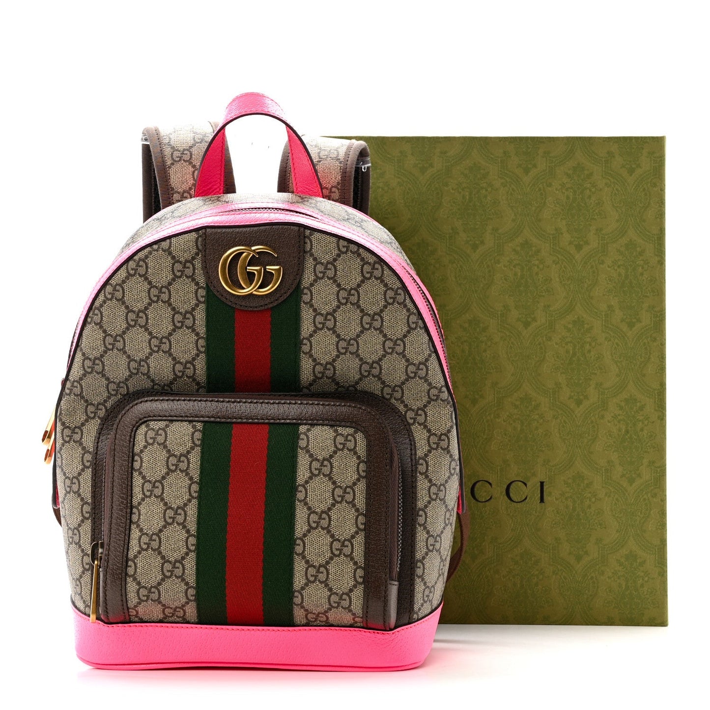 GG Supreme Monogram Textured Dollar Calfskin Web Small Ophidia Day Backpack Beige Ebony Fluorescent Fuchsia
