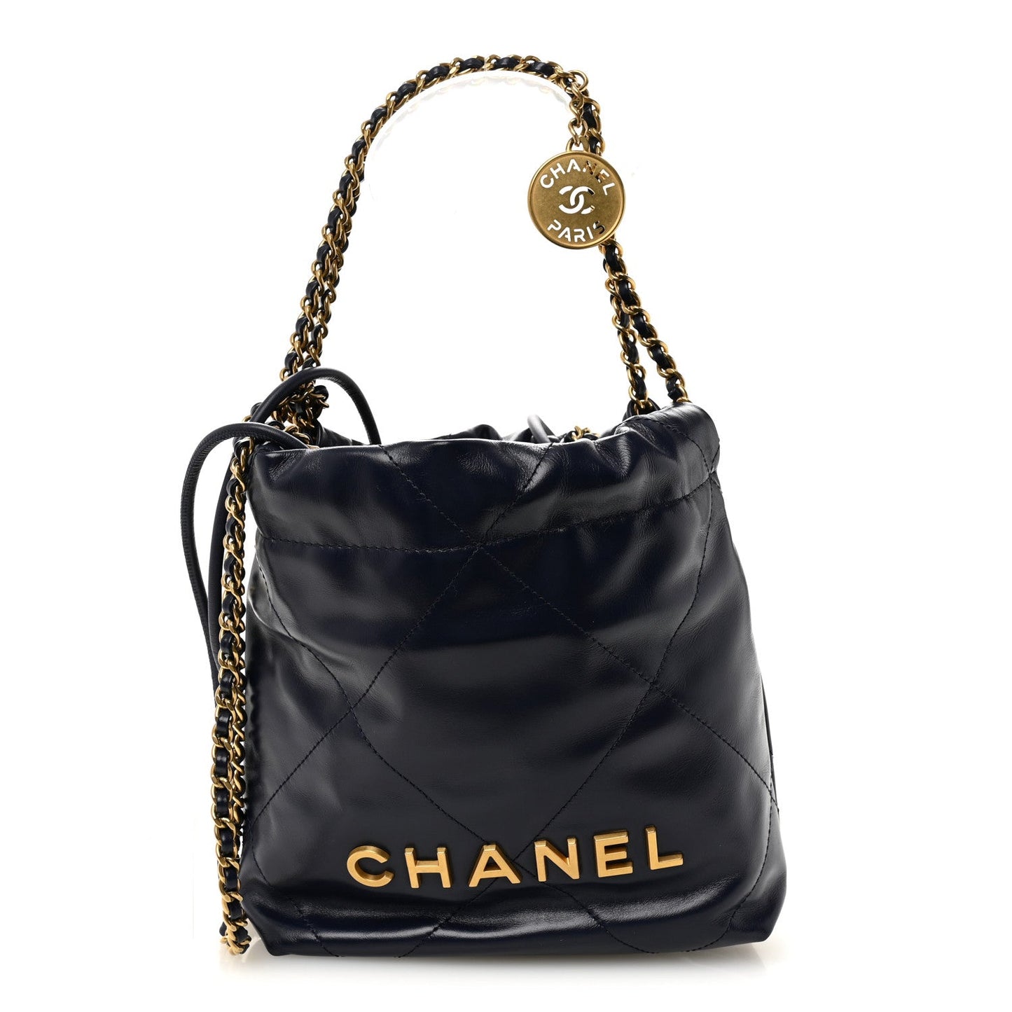 Shiny Calfskin Quilted Mini Chanel 22 Navy Blue