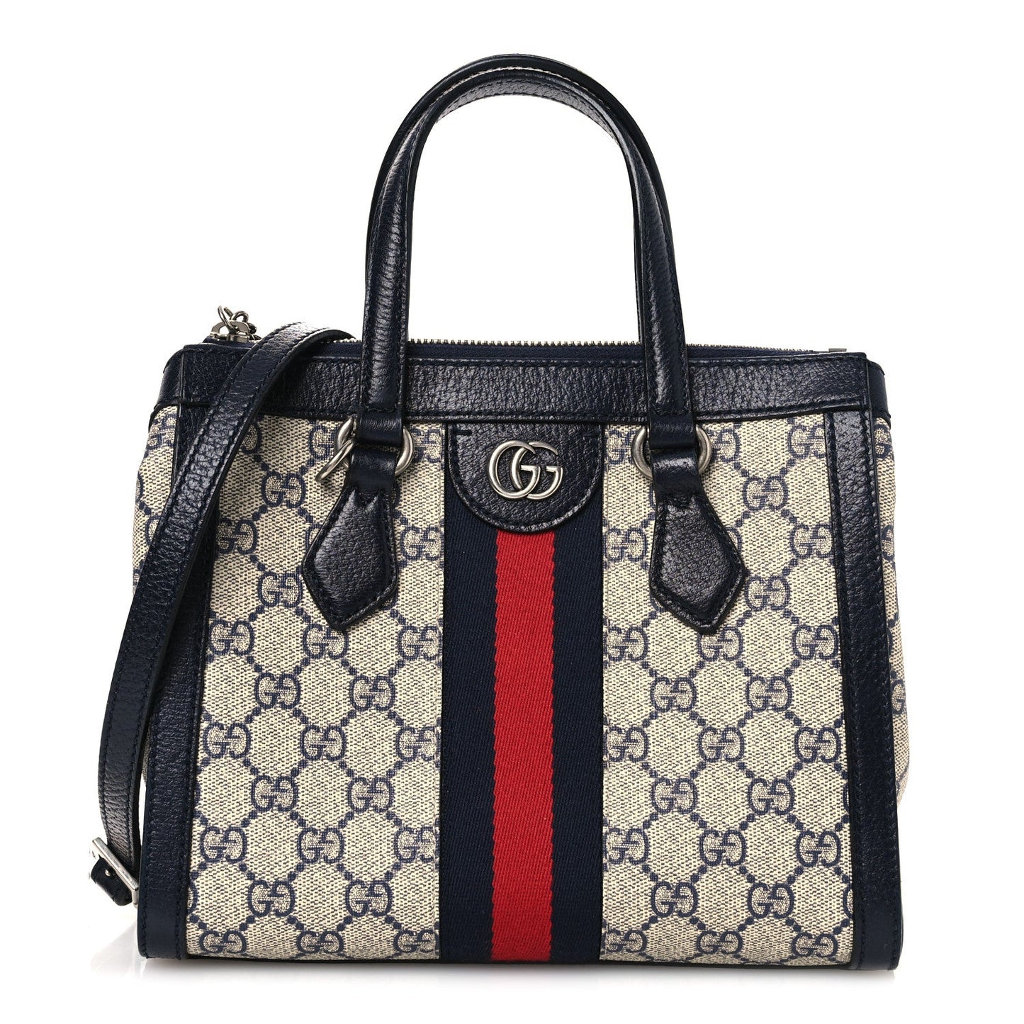 GG Supreme Monogram Textured Dollar Calfskin Web Small Ophidia Tote Bag Beige Blue