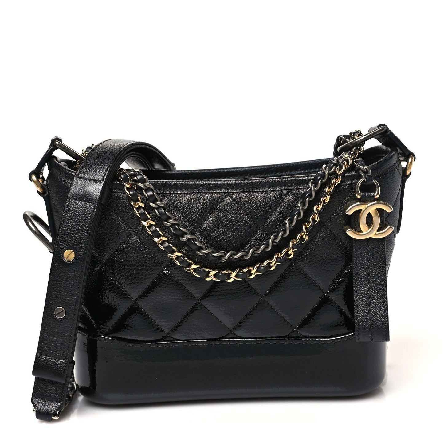 Patent Goatskin Quilted Small Gabrielle Hobo Black