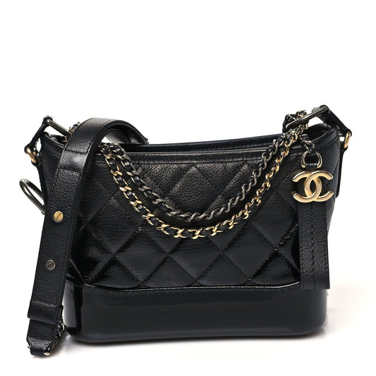 Patent Goatskin Quilted Small Gabrielle Hobo Black