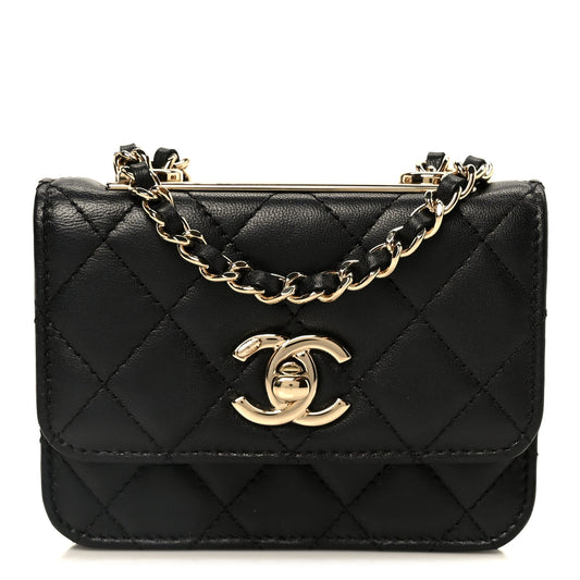 Lambskin Quilted Trendy CC Card Holder On Chain Black