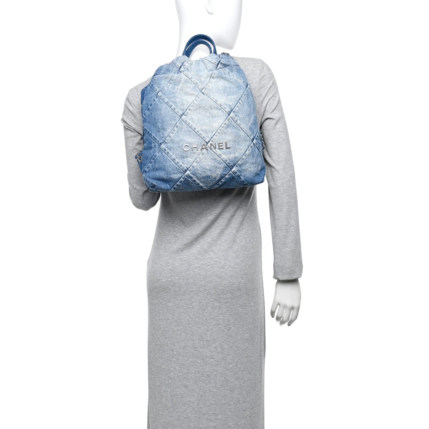 Denim Quilted Chanel 22 Backpack Blue