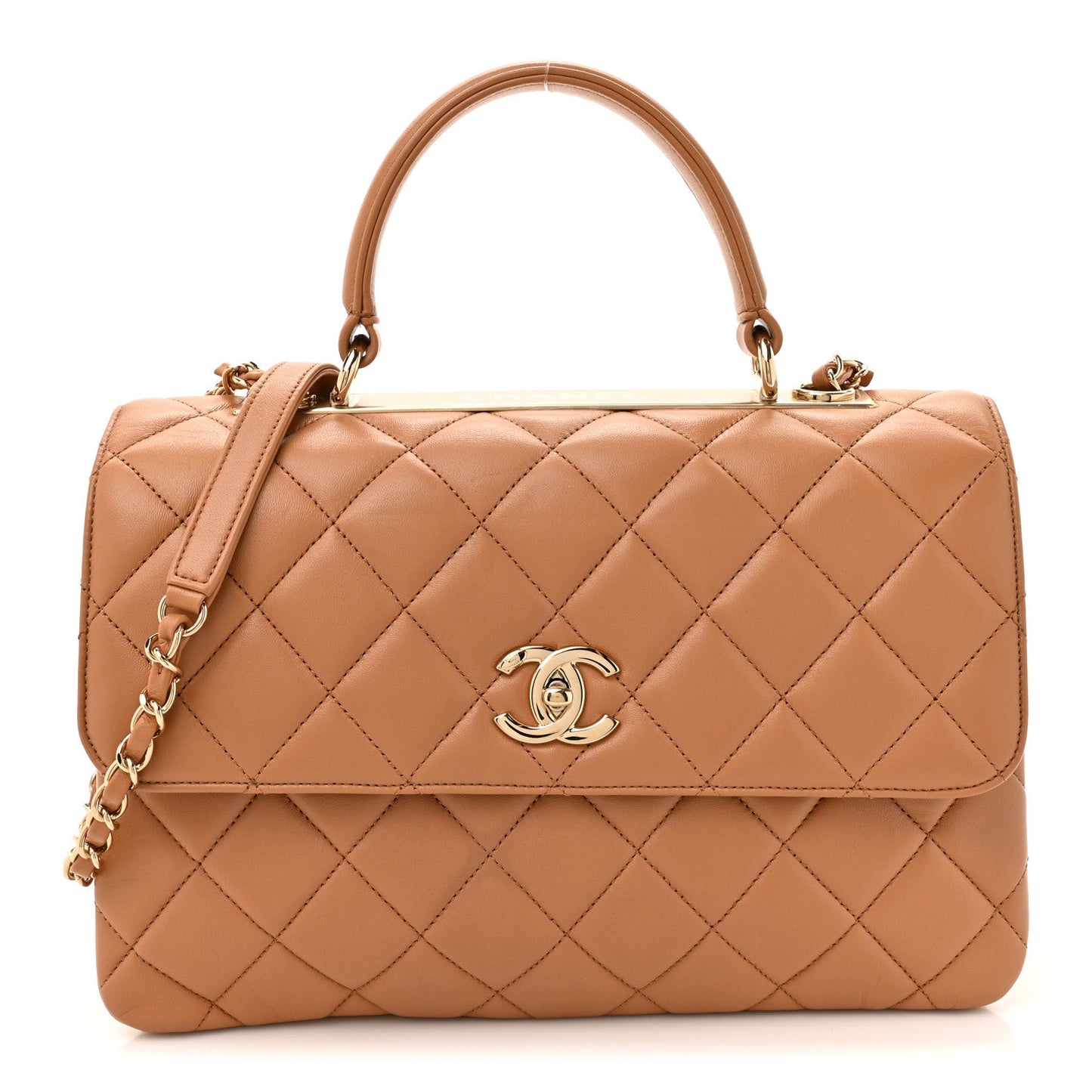 Lambskin Quilted Medium Trendy CC Flap Dual Handle Bag Camel