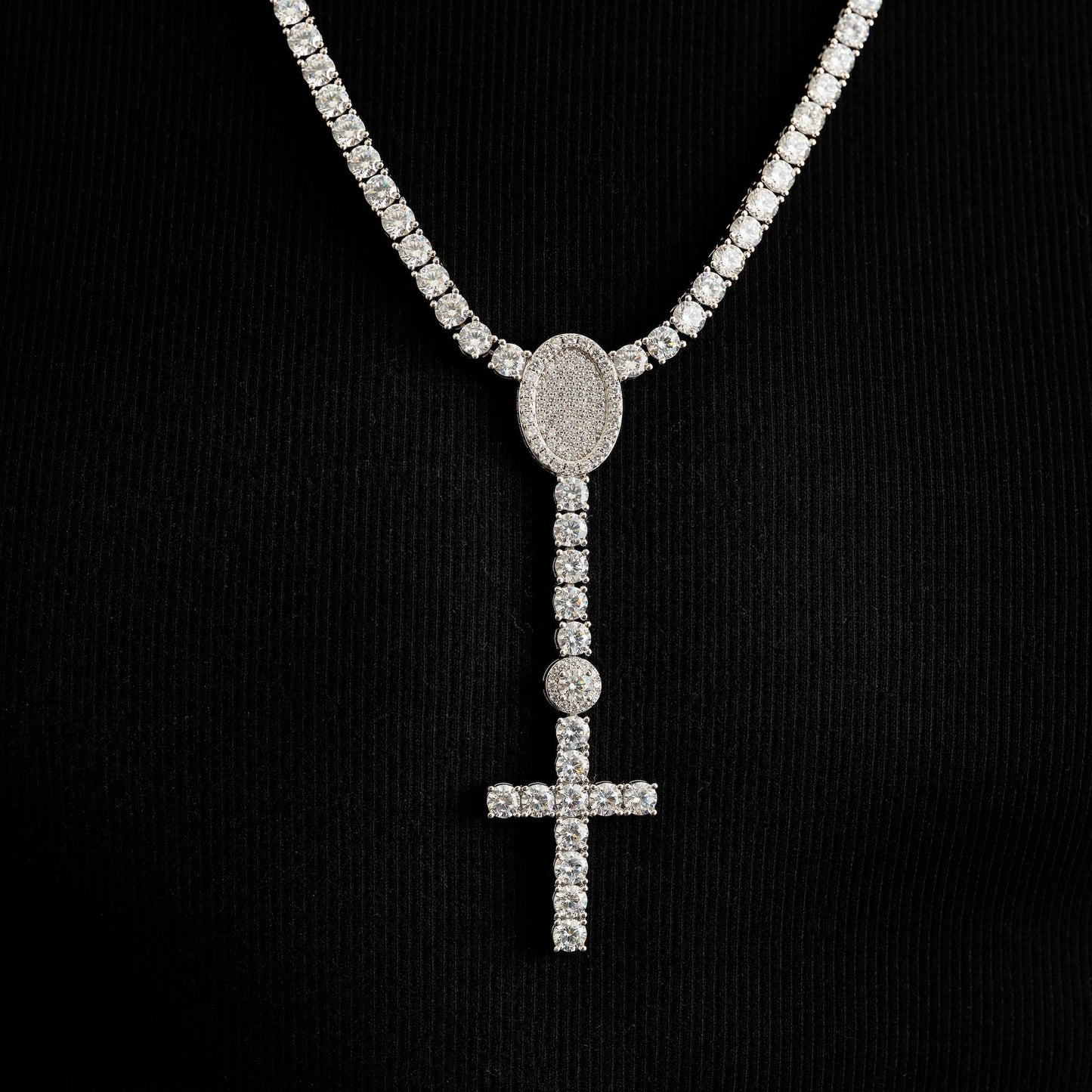 Diamond Eternity Tennis Cross Rosary Lariat in White Gold - 5mm