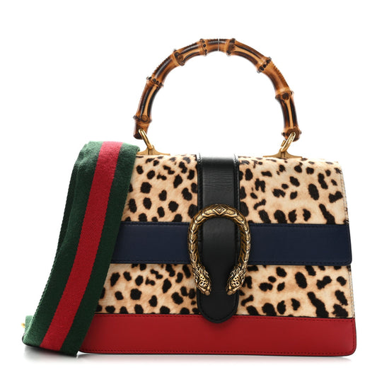 Calf Hair Calfskin Bamboo Web Leopard Print Medium Dionysus Top Handle Bag Natural Blue Agata Hibiscus Red