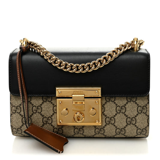 GG Supreme Monogram Calfskin Small Padlock Shoulder Bag Beige Black Cuir
