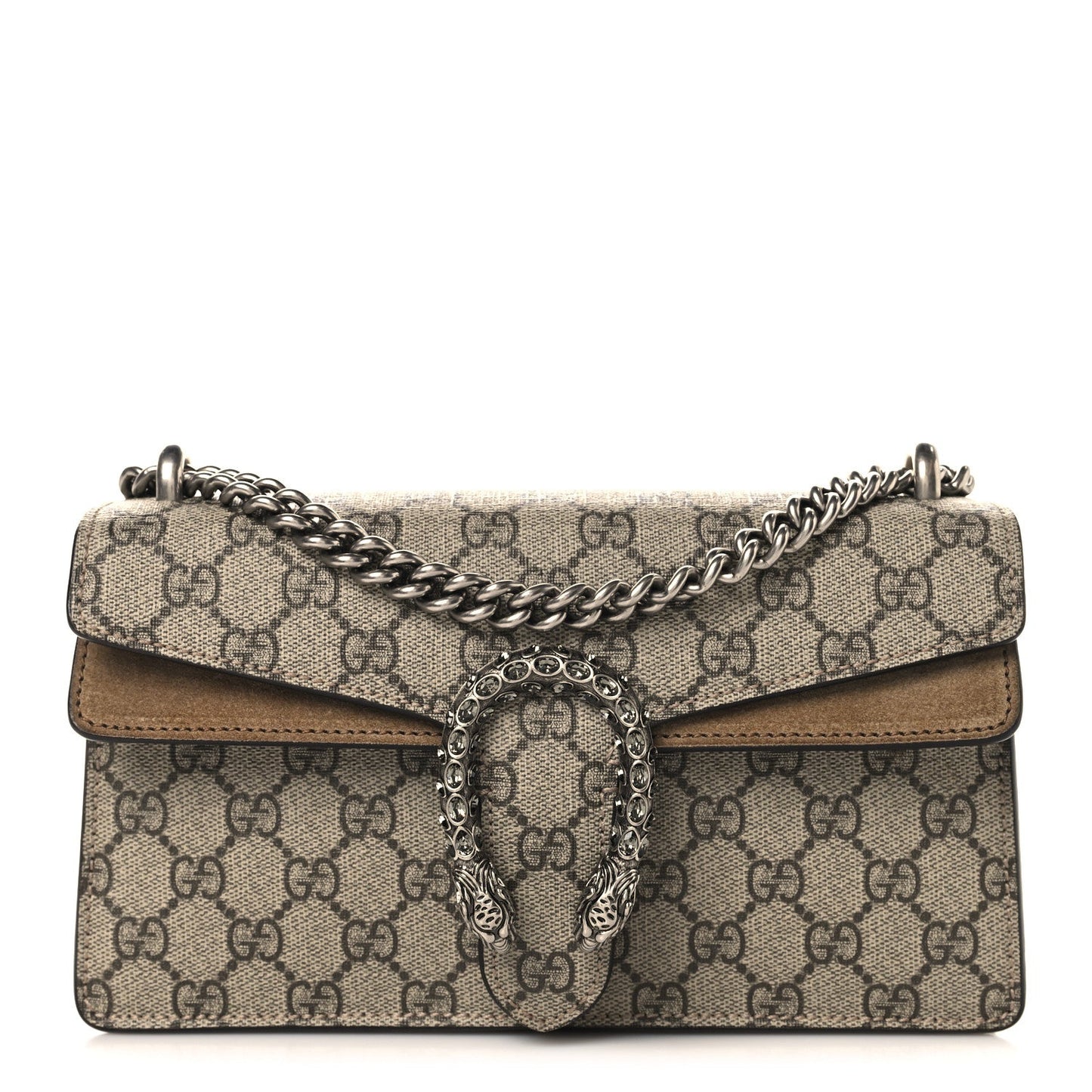 GG Supreme Monogram Suede Crystal Small Dionysus Shoulder Bag Beige Ebony Taupe