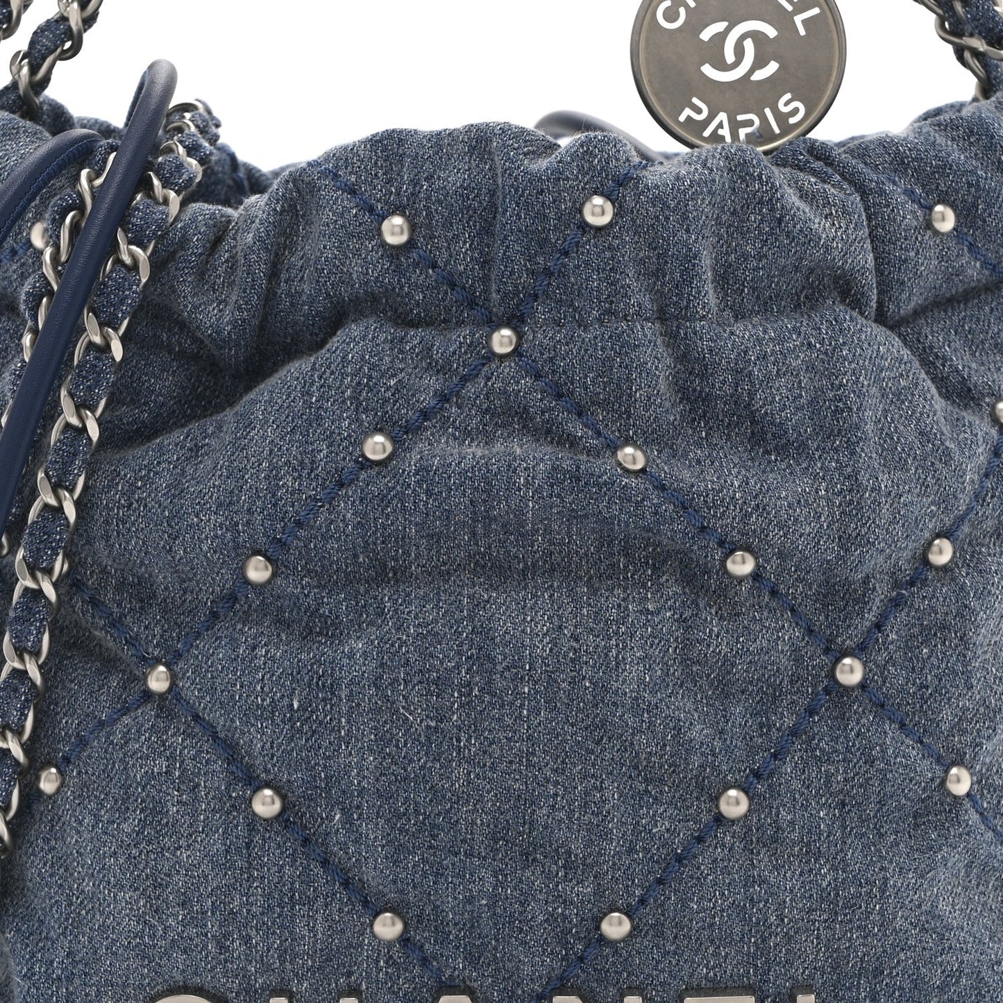 Washed Denim Quilted Studded Mini Chanel 22 Blue