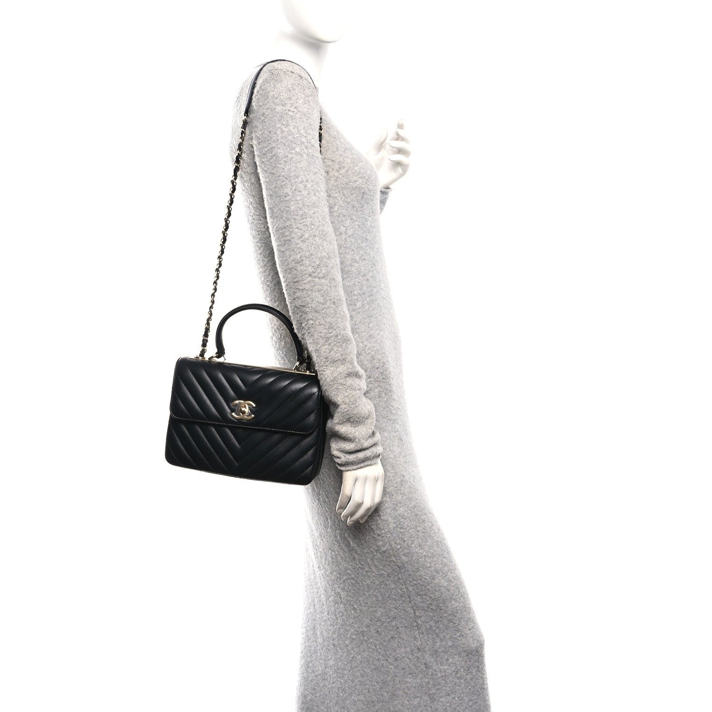 Lambskin Chevron Quilted Small Trendy CC Flap Dual Handle Bag Black