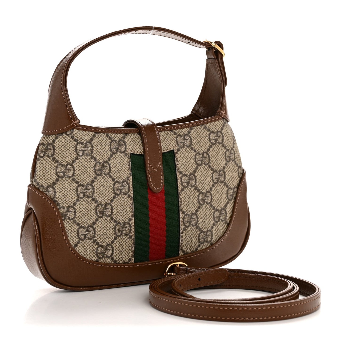 GG Supreme Monogram Azalea Calfskin Web Mini Jackie 1961 Hobo Beige Ebony Brown Sugar