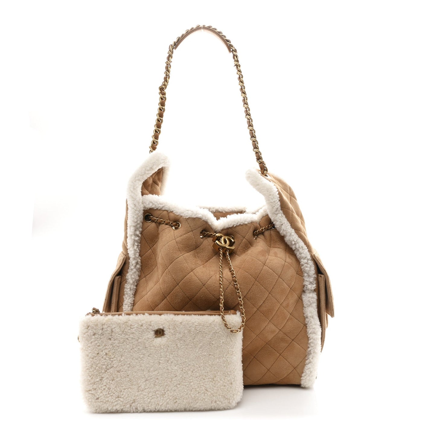 Suede Shearling Quilted Medium Chanel 25 Handbag Beige Natural