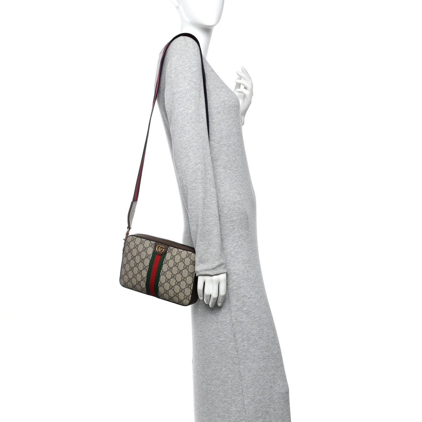 GG Supreme Monogram Textured Dollar Calfskin Web Ophidia Wristlet Shoulder Bag Beige Ebony New Acero