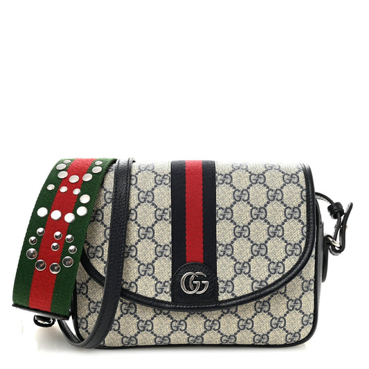 GG Supreme Monogram Textured Dollar Calfskin Web Studded Mini Ophidia Flap Shoulder Bag Beige Blue