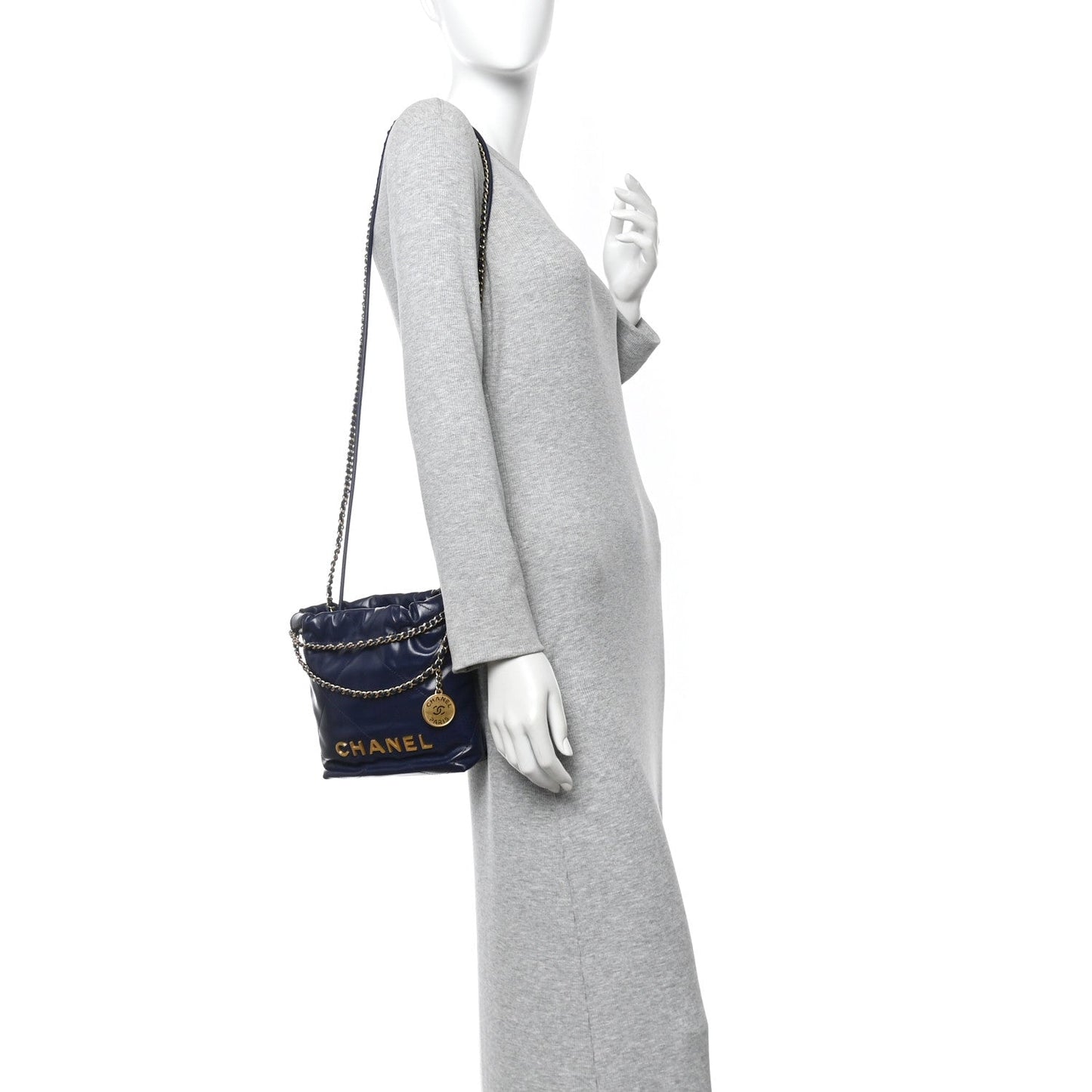 Shiny Calfskin Quilted Mini Chanel 22 Navy Blue