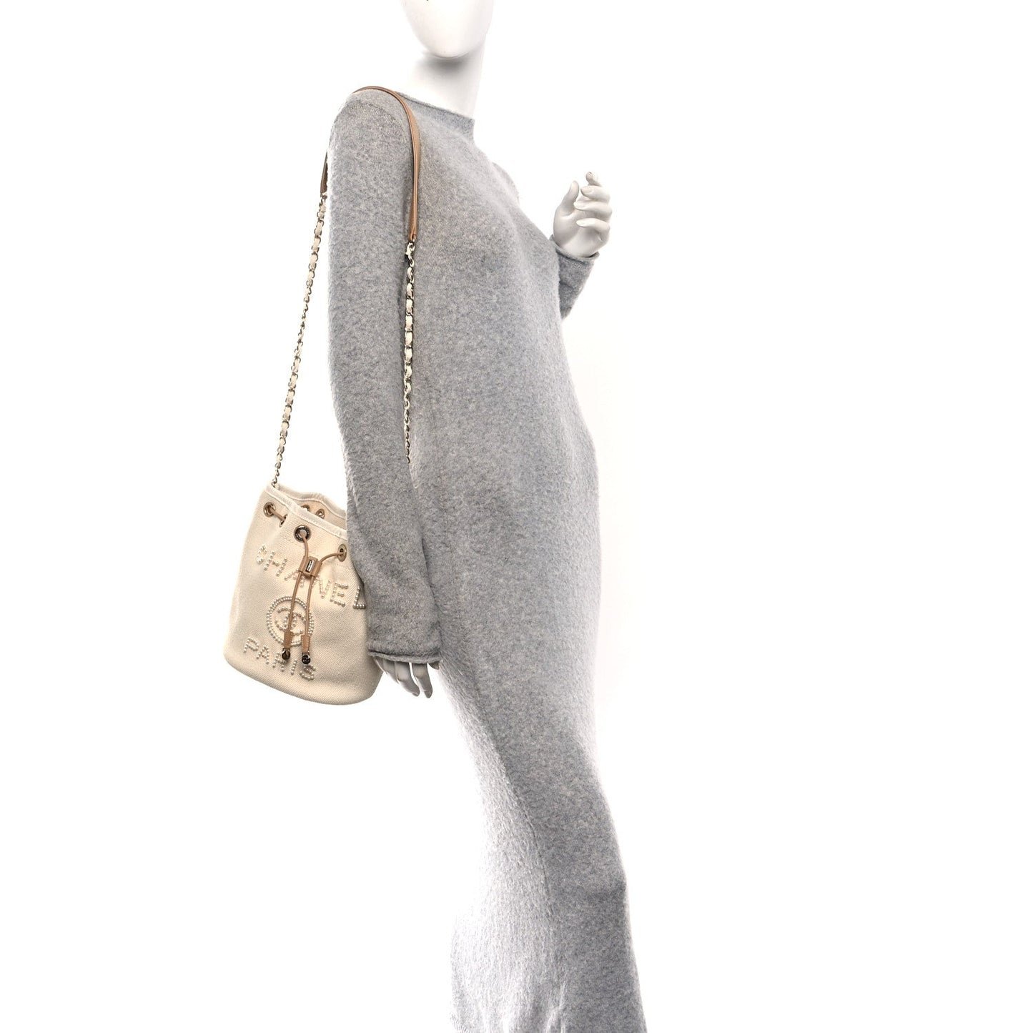 Canvas Pearl Deauville Drawstring Bucket Bag Ecru Beige