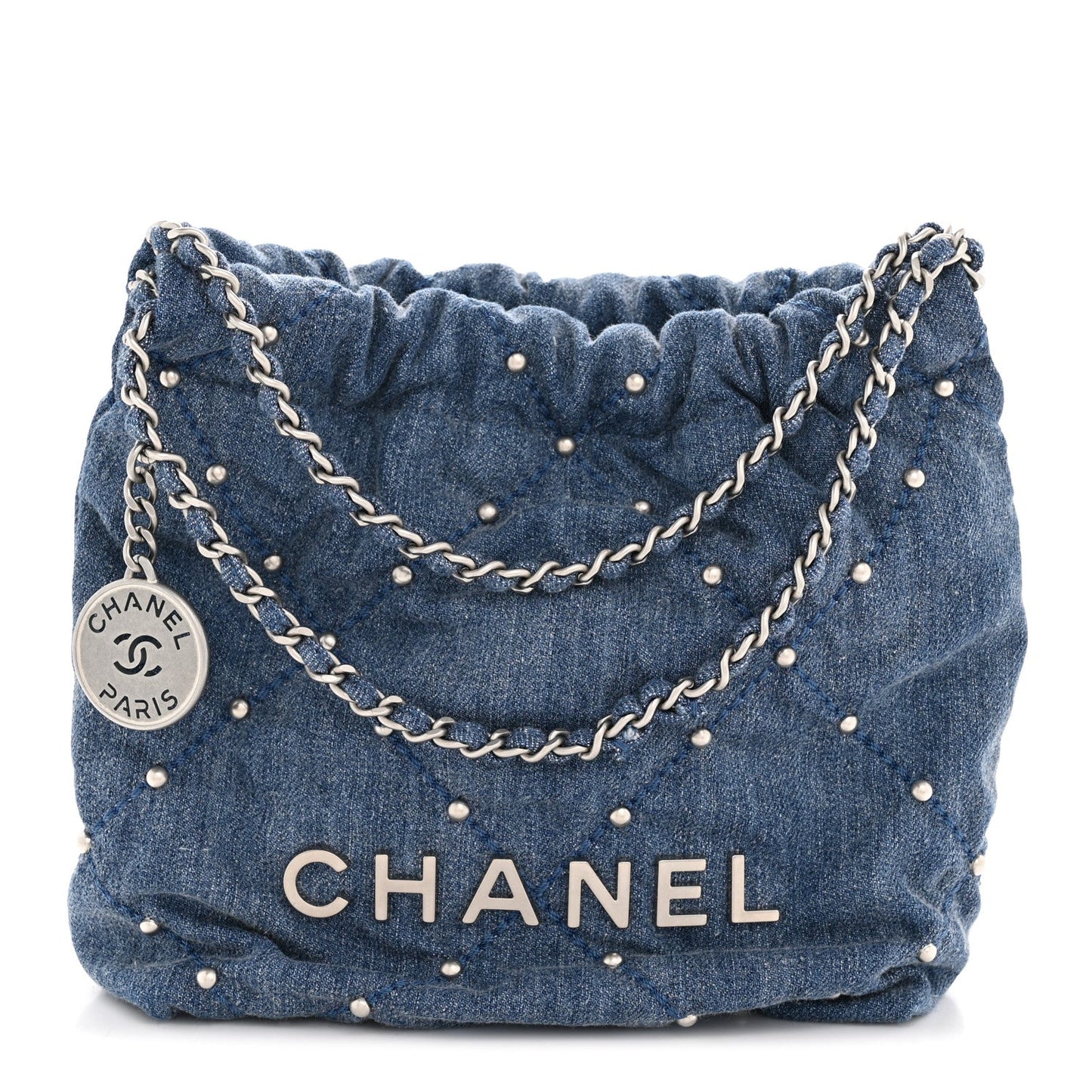 Washed Denim Quilted Studded Mini Chanel 22 Blue