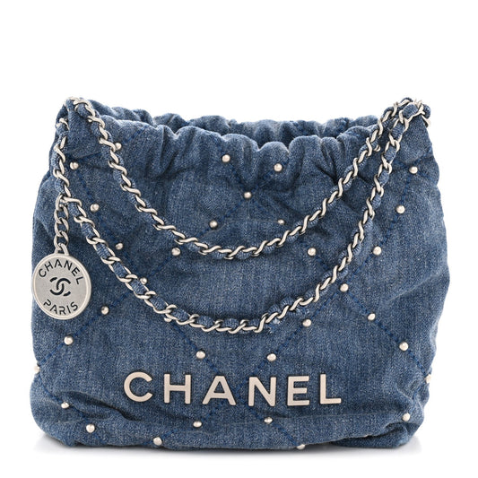 Washed Denim Quilted Studded Mini Chanel 22 Blue