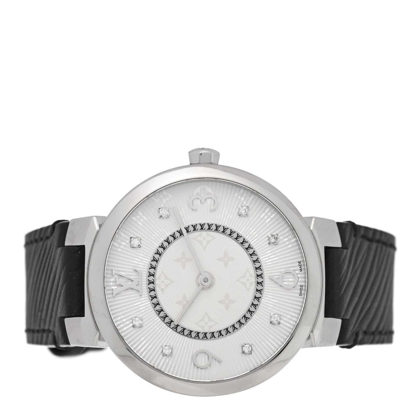 Stainless Steel Epi Diamond 33mm Tambour Slim Quartz Watch Black