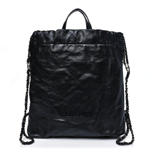 Shiny Calfskin Quilted Chanel 22 Backpack So Black