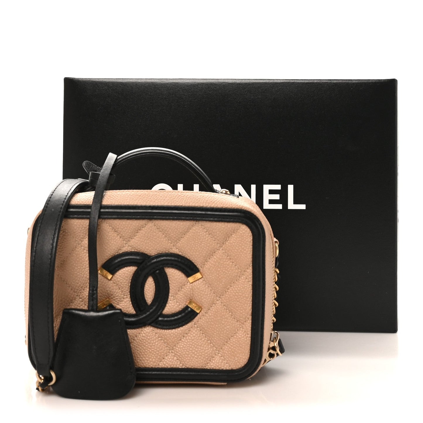 Caviar Quilted Small CC Filigree Vanity Case Beige Black