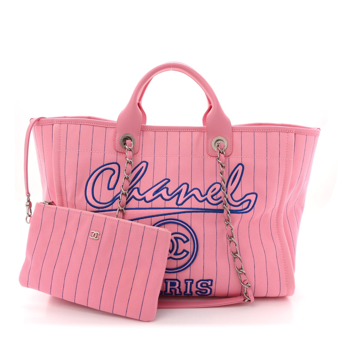 Canvas Calfskin Striped Large Deauville Tote Pink Blue