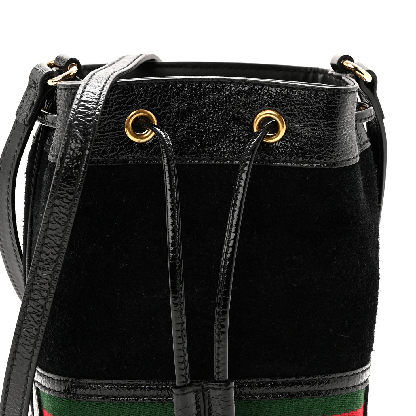 Suede Patent Web Mini Ophidia Bucket Bag Black