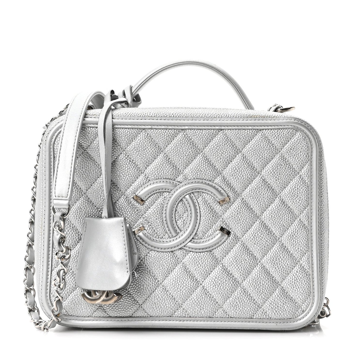 Metallic Caviar Quilted Large CC Filigree Vanity Case Silver