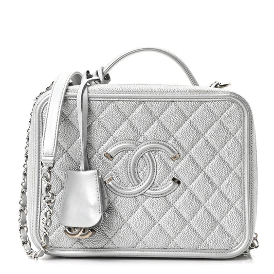 Metallic Caviar Quilted Large CC Filigree Vanity Case Silver