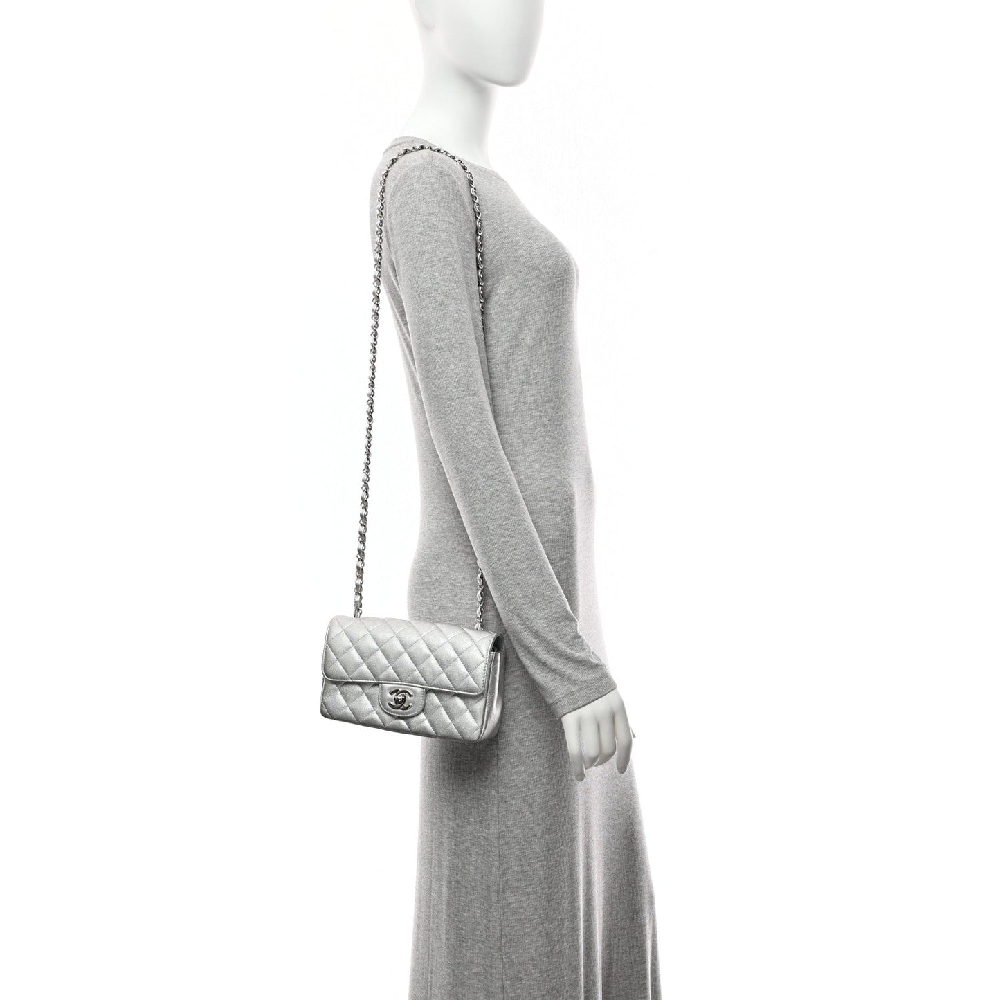 Metallic Lambskin Quilted Mini Rectangular Flap Silver