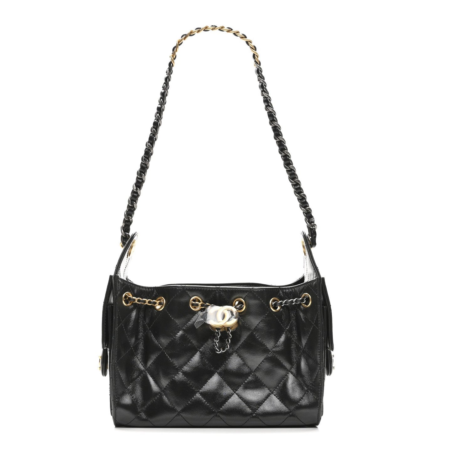 Shiny Crumpled Quilted Mini Chanel 25 Handbag Black