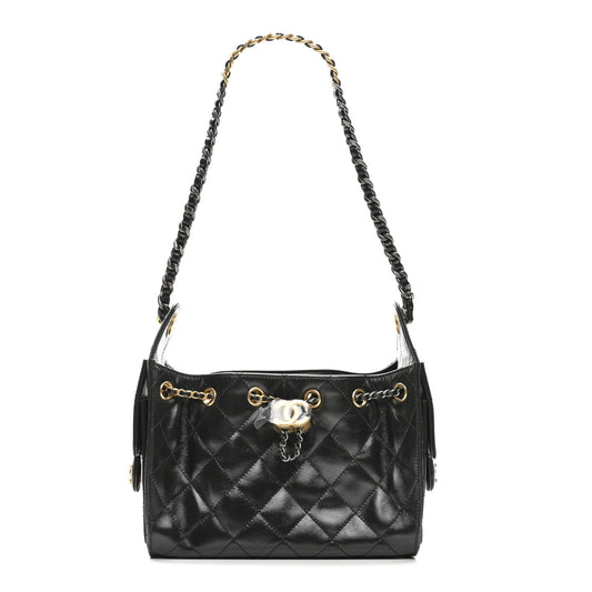 Shiny Crumpled Quilted Mini Chanel 25 Handbag Black