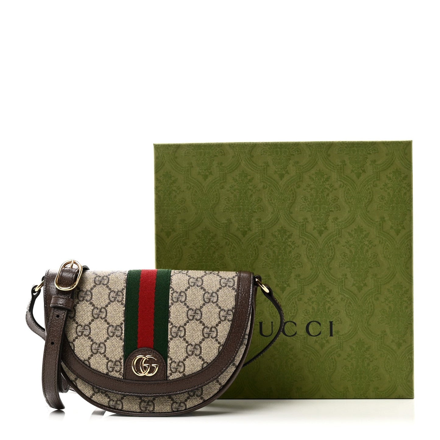 GG Supreme Monogram Textured Dollar Calfskin Web Mini Ophidia Flap Shoulder Bag Beige Ebony New Acero