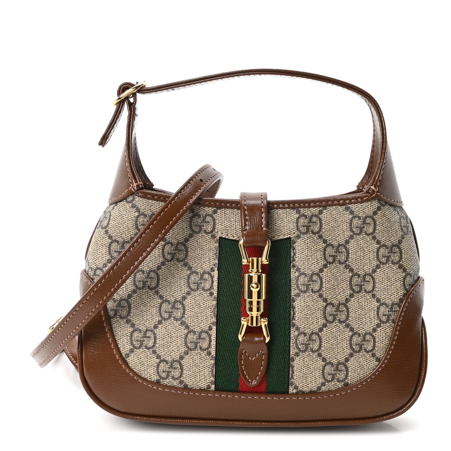 GG Supreme Monogram Azalea Calfskin Web Mini Jackie 1961 Hobo Beige Ebony Brown Sugar