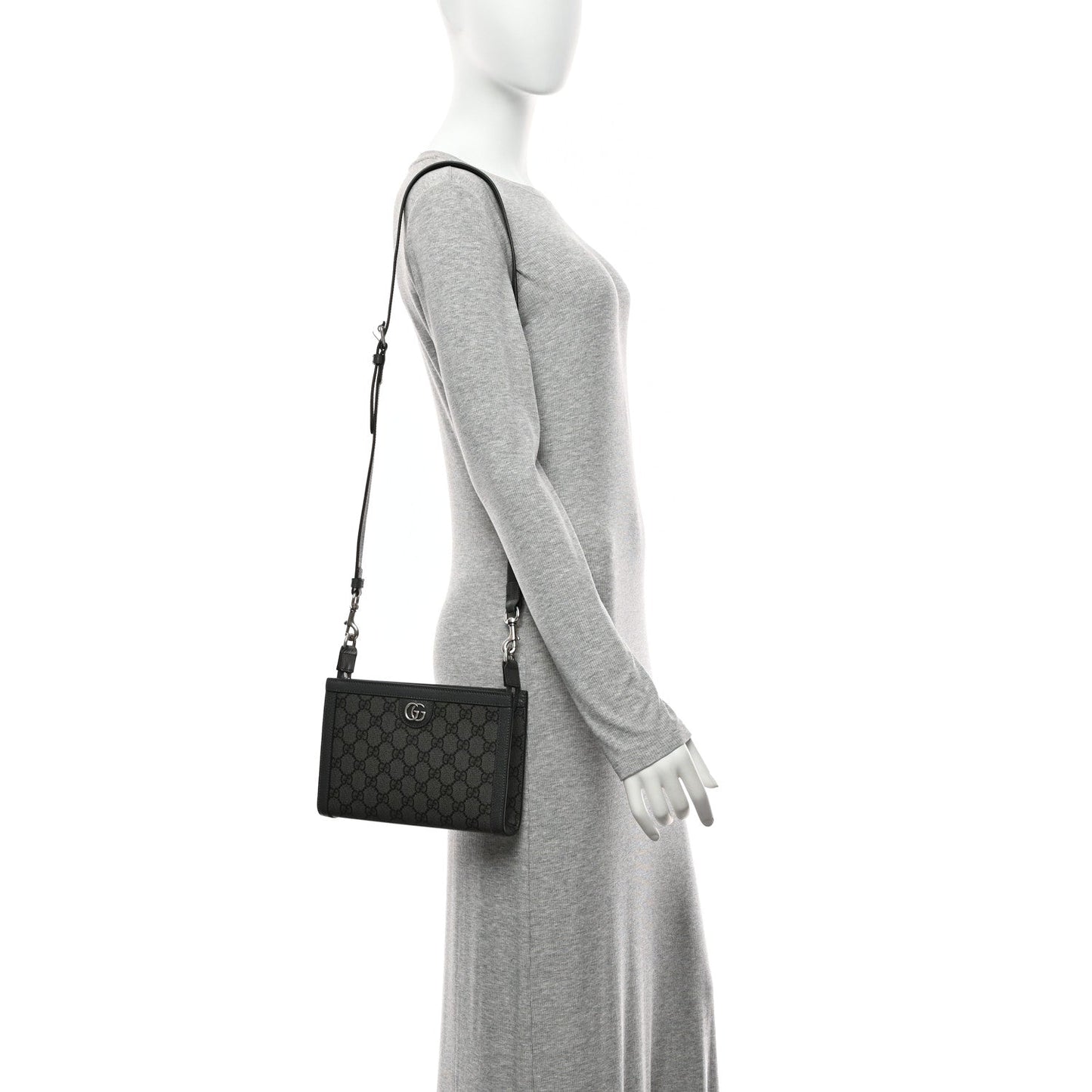 GG Supreme Monogram Textured Dollar Calfskin Web Small Ophidia Shoulder Bag  Grey Black Graphite Grey