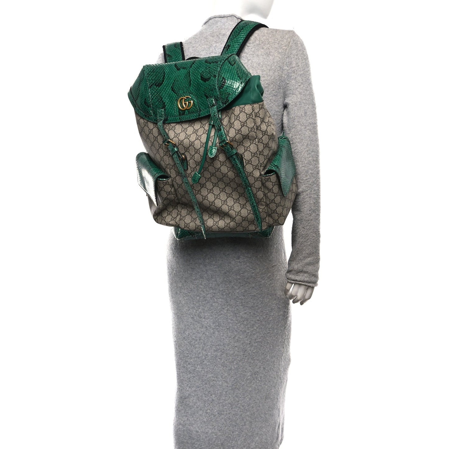 GG Supreme Monogram Snakeskin Ophidia Double Buckle Backpack Brown Green