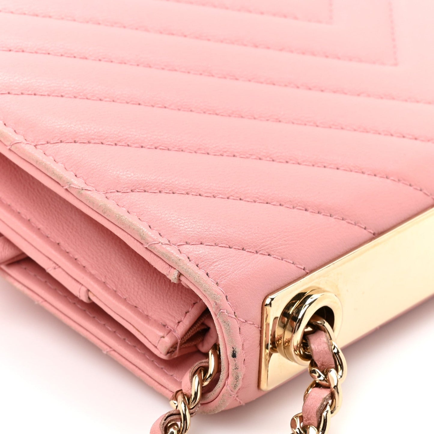 Lambskin Chevron Quilted Trendy CC Wallet On Chain WOC Pink