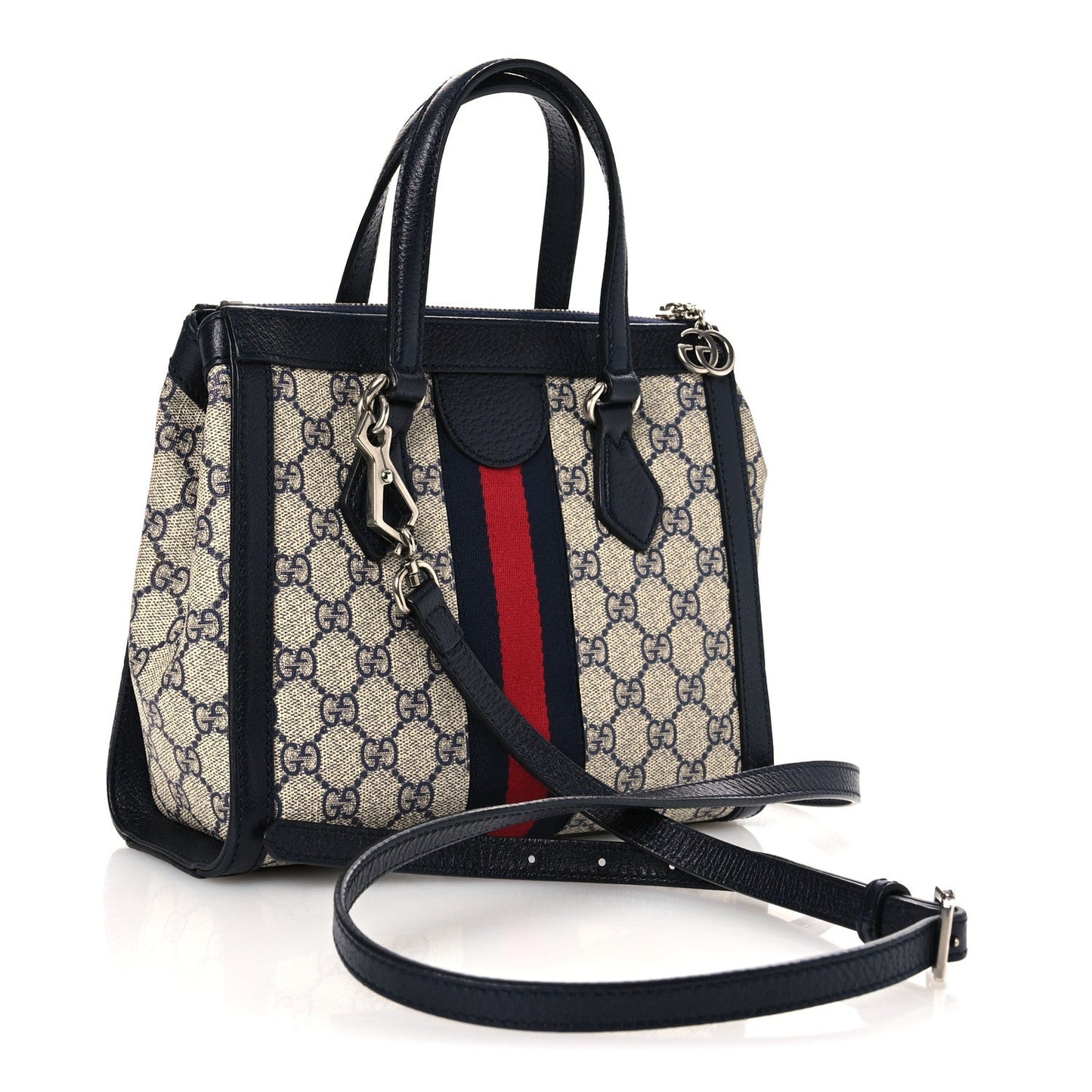 GG Supreme Monogram Textured Dollar Calfskin Web Small Ophidia Tote Bag Beige Blue