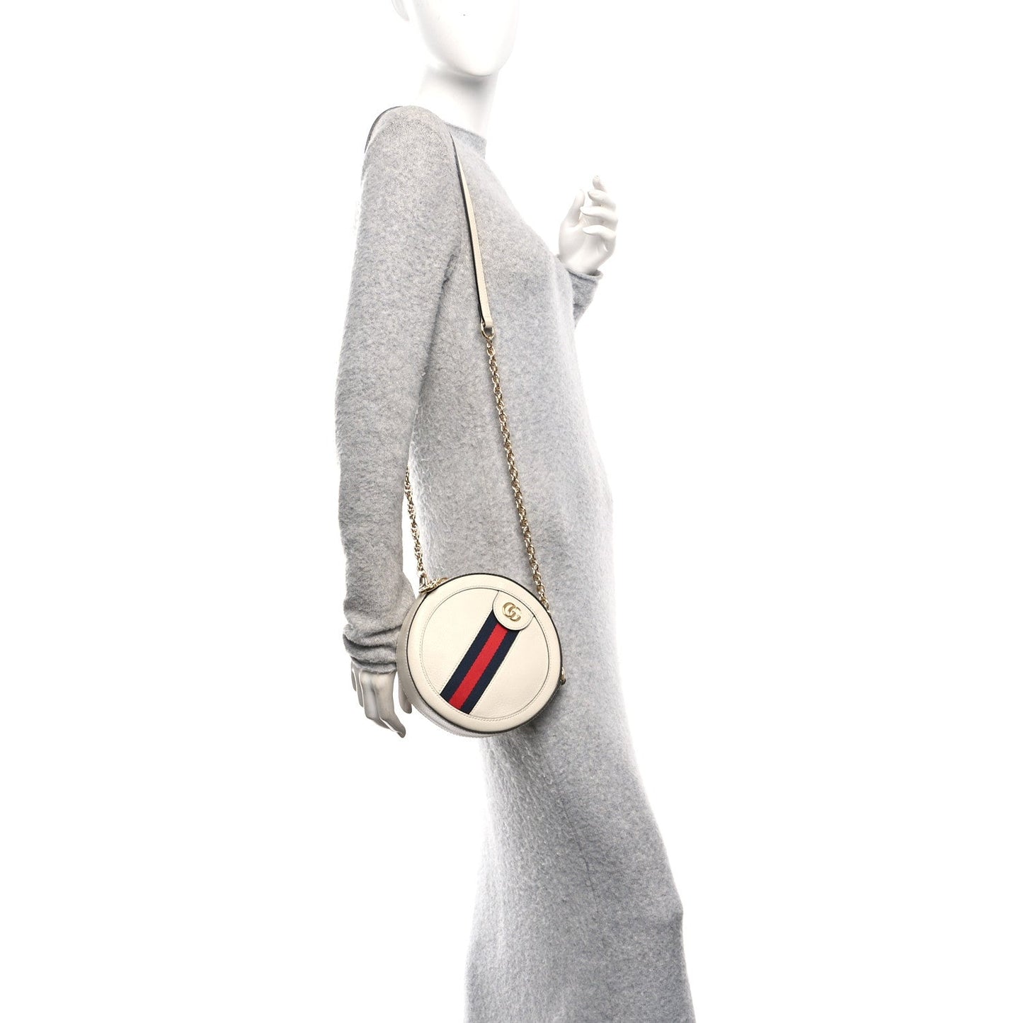 Textured Calfskin Web Mini Ophidia Round Shoulder Bag Mystic White