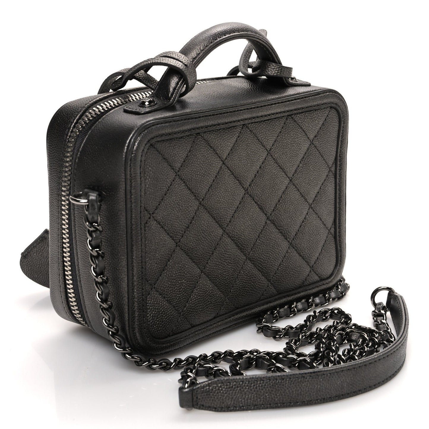 Metallic Caviar Quilted Small CC Filigree Vanity Case Dark Silver