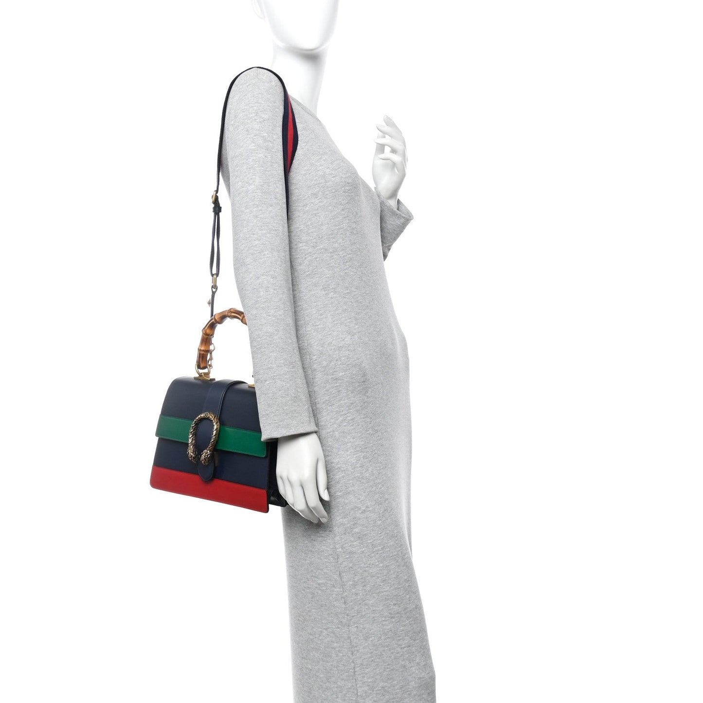 Moon Calfskin Web Medium Dionysus Bamboo Top Handle Bag Black Bright Evergreen Hibiscus Red