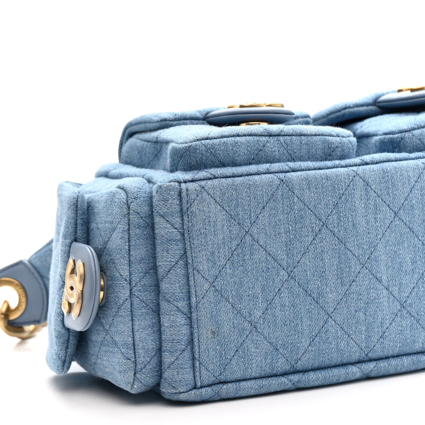 Washed Denim Quilted Large Trendy Pockets Hobo Blue