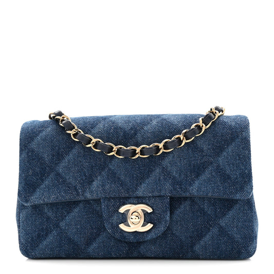 Printed Denim Quilted Mini Rectangular Flap Dark Blue