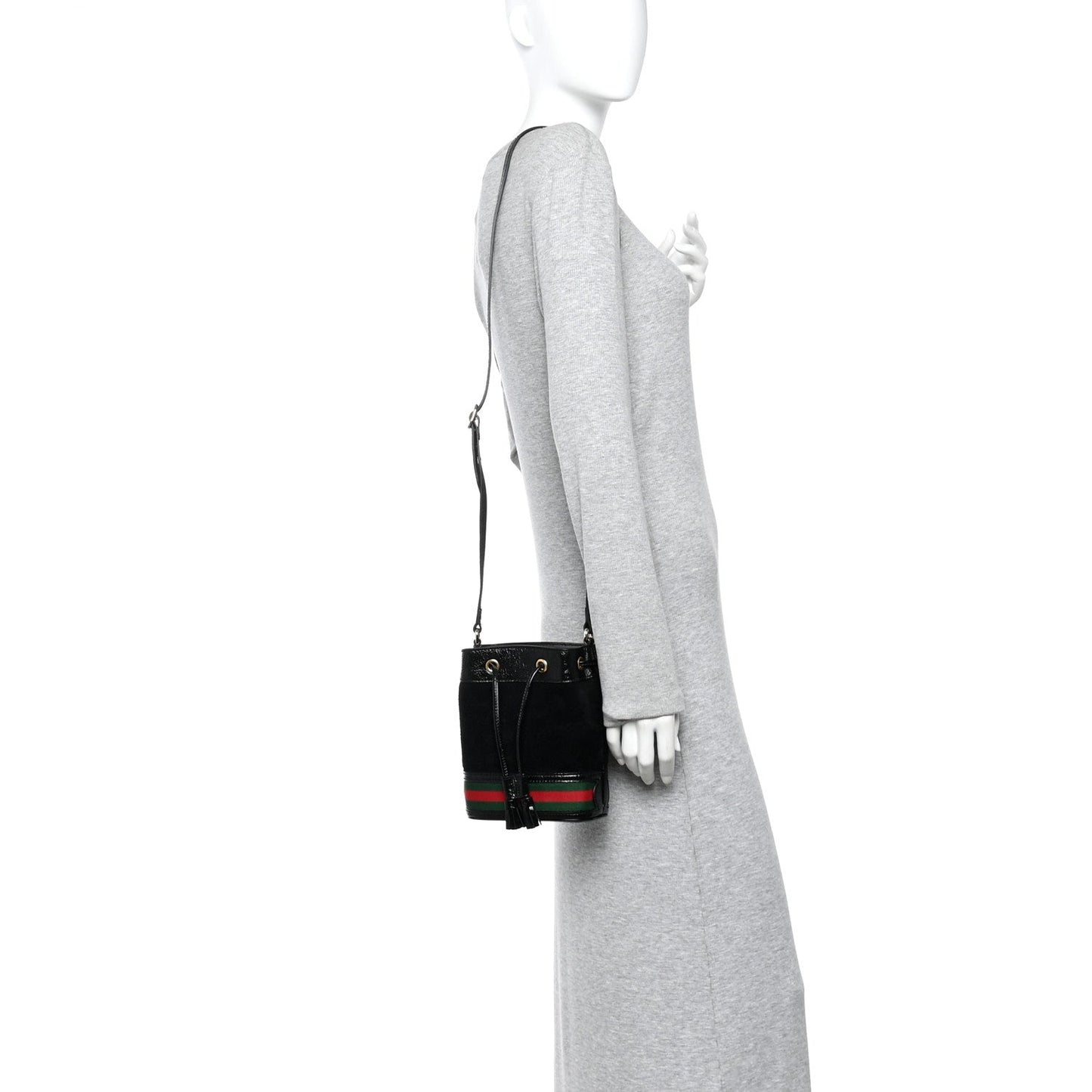 Suede Patent Web Mini Ophidia Bucket Bag Black